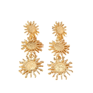 Elegant gold sunflower drop earrings with triple tiered floral charms on white background