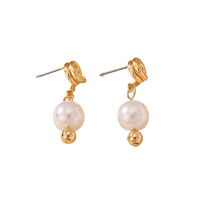 Elegant gold knot pearl drop earrings featuring round white pearls on a clean white backdrop