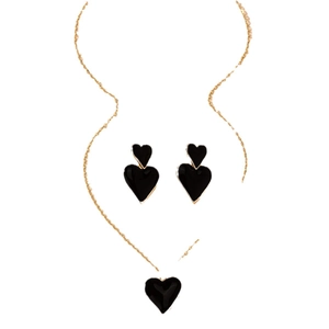 Parure élégante collier et boucles d'oreilles double cœur avec émail noir sur fond blanc