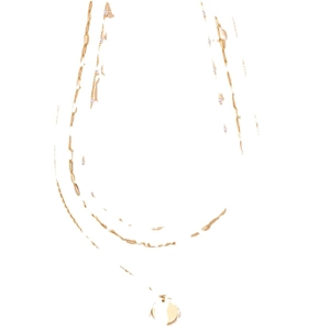Three-layered gold chain necklace featuring round disc pendants and elegant pearl beads