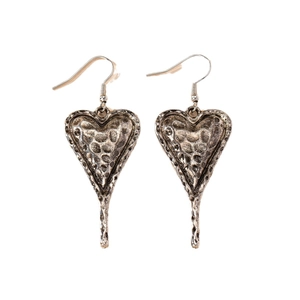 Vintage heart shaped dangle earrings with antique silver finish and textured hammered surface