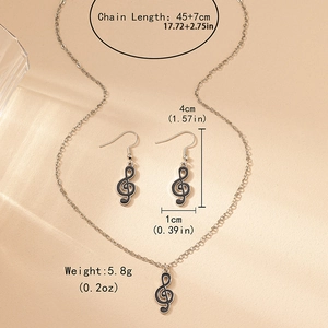 Silbernes Musik-Schmuckset mit G-Clef Halskette und passenden Ohrringen in Schwarz