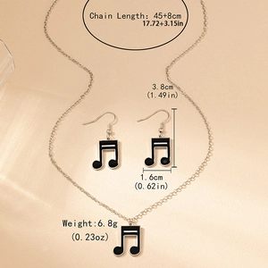 Parure de bijoux élégante notes de musique avec collier émaillé noir et boucles