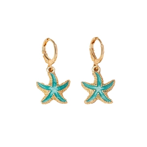 Starfish drop hoop earrings with teal enamel and gold metal in a summer ocean style