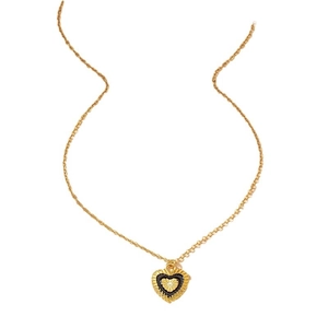 Vintage gold heart necklace with black enamel inlay and sunburst pattern on white background