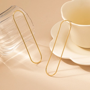 Close-up of elegant gold geometric oval earrings displayed on a minimalist aesthetic background