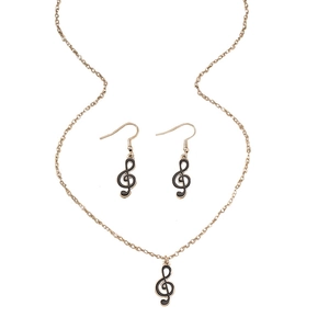 Schmuckset aus Gold mit schwarzem Emaille-Notenschlüssel, Halskette und Ohrringen
