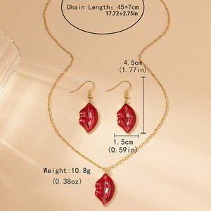 Golden necklace and red lip earrings jewelry set shown with specific product dimensions