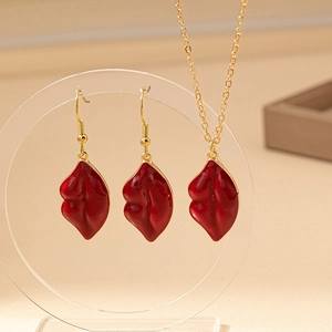Romantic red lip jewelry set with gold necklace and matching hook earrings for women