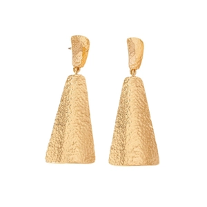 Elegant gold geometric hammered texture long drop earrings with a vintage metallic finish