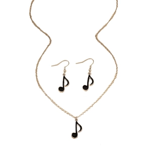Golden musical note jewelry set with black enamel necklace and matching hook earrings