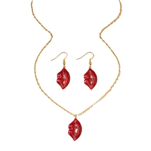 Romantic red enamel lip necklace and earring jewelry set with gold chain and hooks