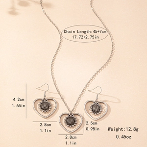 Vintage Hohlherz Sonnenblume Halskette und Ohrringe Schmuckset mit Größenabmessungen