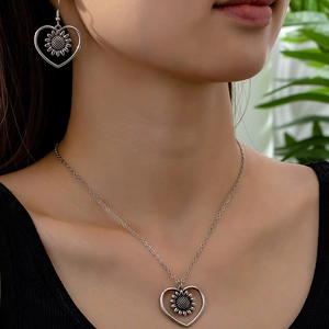 Vintage Legierung Halskette Und Hakenohrringe Für Damen Herz Sonnenblume Antik Silber Boho Schmuck