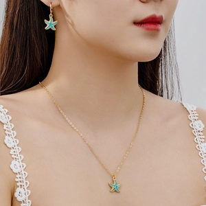 Seestern Halskette Und Ohrringe Blau Grün Emaille Zinklegierung Ozean Stil Sommer Strand Urlaub Schmuck Für Damen