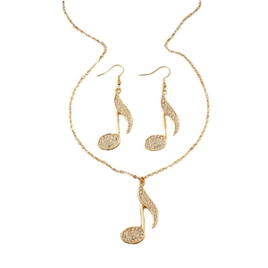 Elegant gold musical note necklace and earrings set with shimmering crystals