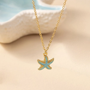 Collier Pendentif Étoile De Mer Alliage De Zinc Émail Bleu Style Océan Bijoux De Vacances À La Plage Pour Femmes Mode Minimaliste