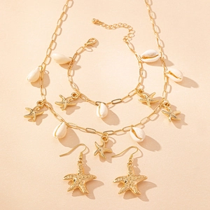 Goldenes Seestern- und Muschel-Schmuckset mit Kette Armband und Ohrringen auf Papier