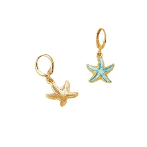 Golden hoop earrings with blue enamel starfish pendants showing front and back view