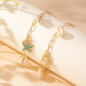 Chic 2-piece gold starfish and seashell anklet set for summer beach vacations