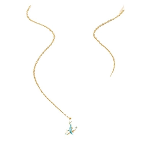 Collier style marin avec pendentif oiseau en émail bleu sur fond blanc épuré