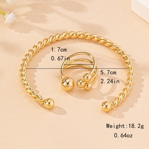 Golden braided twist cuff bracelet and beaded ring set with dimension details