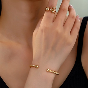 Minimalist Twisted Rope Open Bracelet And Round Bead Ring Jewelry Alloy Gold Plated Elegant Vintage Style Women