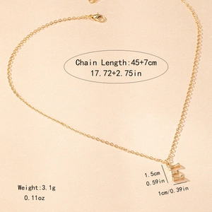 Detail of gold bamboo texture letter E pendant necklace with measurements and lobster clasp