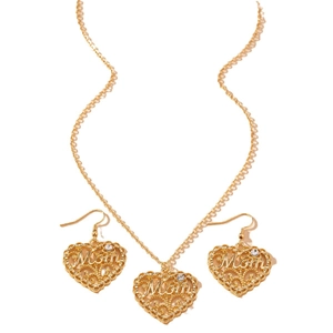 Set collana e orecchini a cuore dorato con incisione Mom e strass, stile elegante