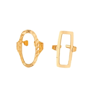 Two-piece geometric gold open ring set featuring hammered oval and smooth rectangular cutouts