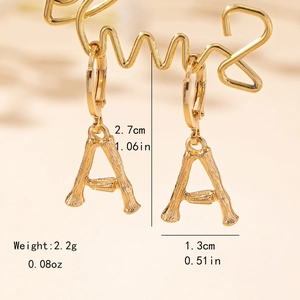 Bamboo style letter A drop earrings in gold with size and weight measurements detail