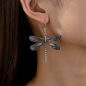 Boucles D'oreilles Pendantes Libellule Vintage Alliage Argent Antique Ajouré Style Rétro Bohème Pour Femmes