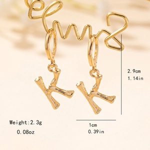 Gold letter K bamboo texture drop earrings with size and weight measurements