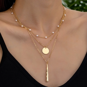 Tiered Necklace Alloy Gold Plated With Faux Artificial Pearl Round Disc And Water Drop Pendant Elegant Jewelry For Women
