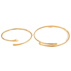 Elegant gold minimalist flat-end open bangle bracelet set on white background