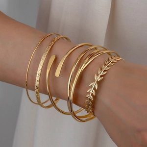 Elegant Gold Tone Alloy Bangle Bracelets Leaf Geometric Textured Minimalist Bohemian Fashion Jewelry For Women