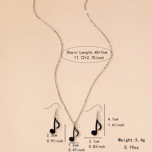 Parure de bijoux note de musique avec collier et boucles d'oreilles en émail noir