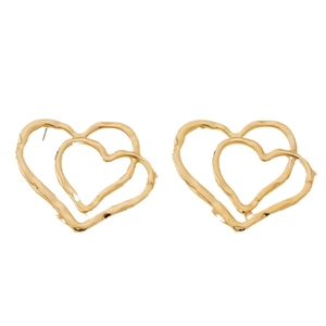 Golden double heart stud earrings with unique molten texture and layered hollow design