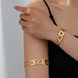 Hollow Heart Jewelry Set Alloy Gold Open Bracelet Bangle And Ring Elegant Fashion Statement Accessories For Women