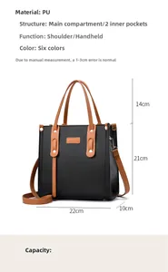 Detail view of contrast color tote bag with litchi grain PU leather and tassel accent