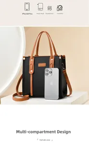 Detailed internal view of multi-compartment tote bag showing storage for daily essentials
