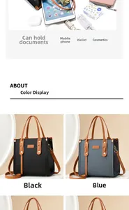 Detailed view of spacious interior and classic bicolor tote bags in blue and black