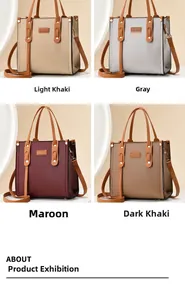 Detail view of large tote bags in light khaki, gray, jujube red and deep khaki colors