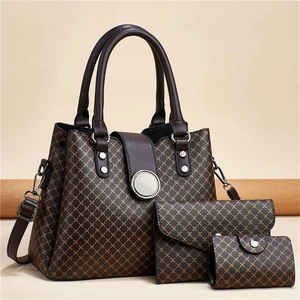 Three-piece brown lattice tote bag set with matching long wallet and snap pouch bag