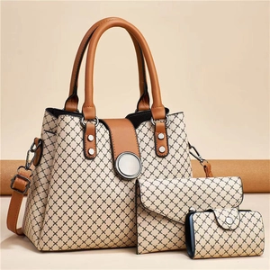 Detailed set of printed tote bag, envelope wallet and coin purse with geometric patterns