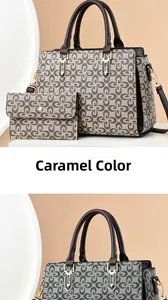 Vue détaillée de sacs à main imprimés en caramel et bleu avec portefeuilles