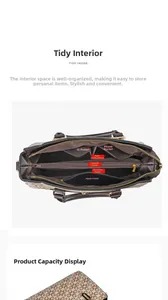 Détails de l'intérieur d'un grand sac à main montrant les compartiments et poches zippées