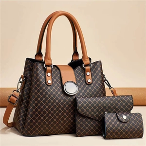 Three-piece brown tote bag set with rhombus pattern and contrast leather handles