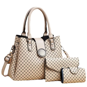 Three-piece beige tote bag set with black diamond grid pattern and silver hardware
