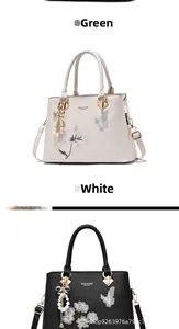 Détails de broderies florales et papillons avec pompons de perles sur des sacs à main